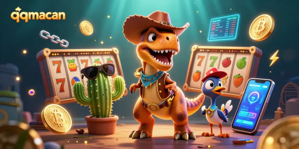 Spin to win at qqmacan with vibrant slot reels around a whimsical T-Rex cowboy!