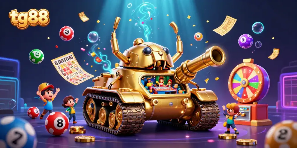 Experience thrilling games at tg88 with a vibrant golden beetle tank casino illustration.