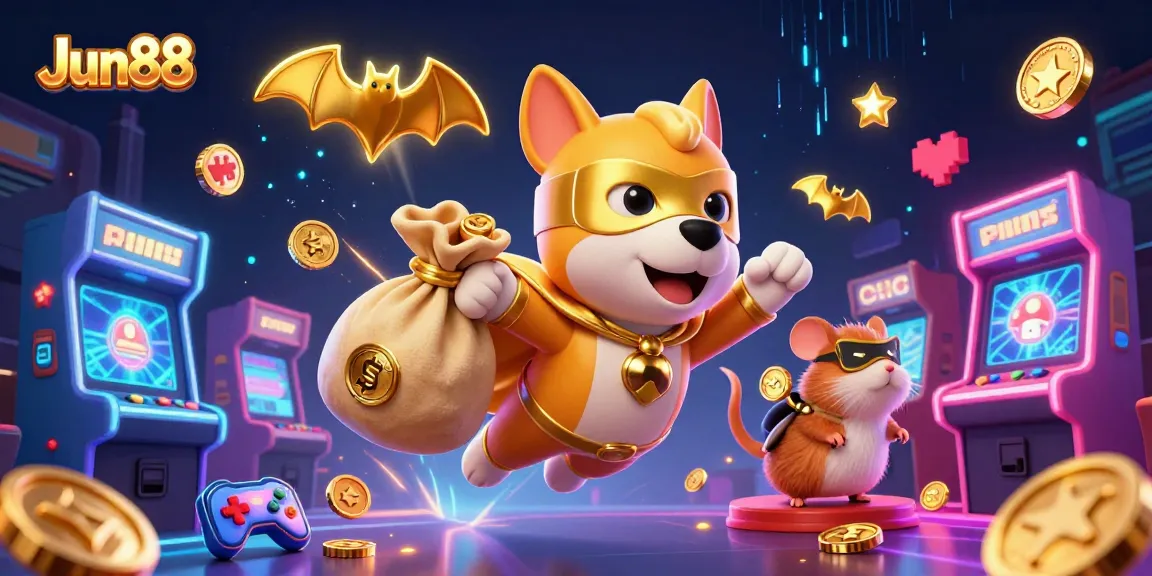 Experience the thrill of Jun88 with a superhero dog flying through a vibrant casino world, bringing excitement and wins.
