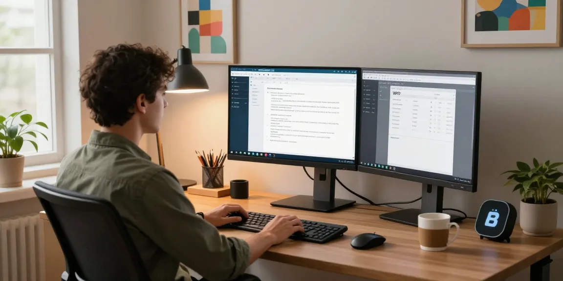 Download WPS Office on a dual monitor setup in a stylish home office.
