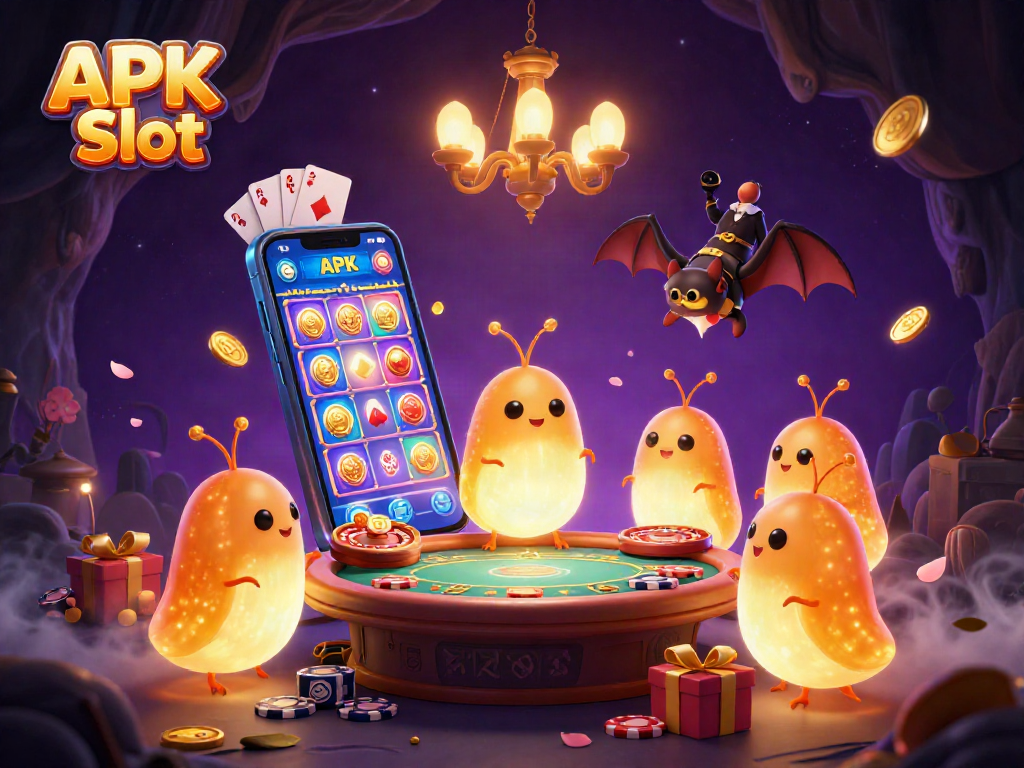 Experience the thrill of APK Slot games with glowing characters in a vibrant casino scene.