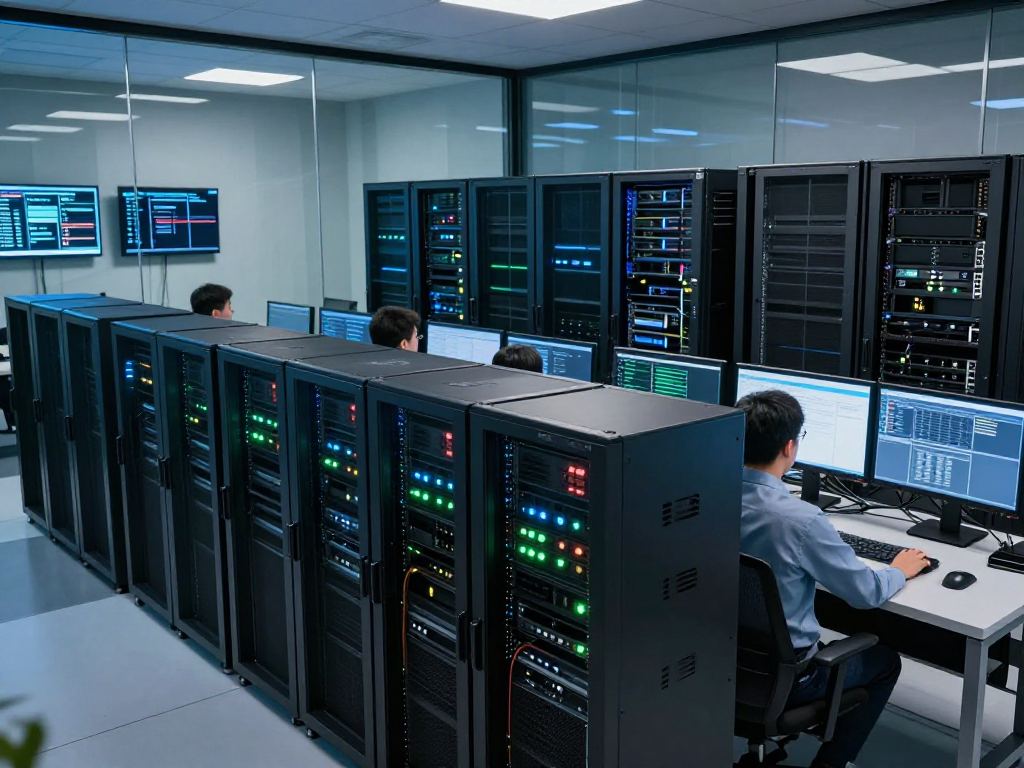 rokok88 server infrastructure with technicians managing high-performance technology in a modern data center