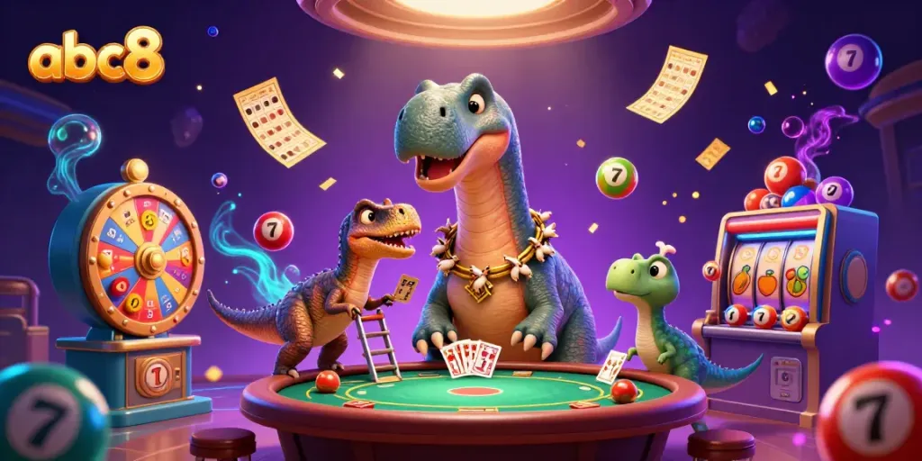 Engage with abc8 games featuring a giant brontosaurus and clever raptor amidst casino excitement.