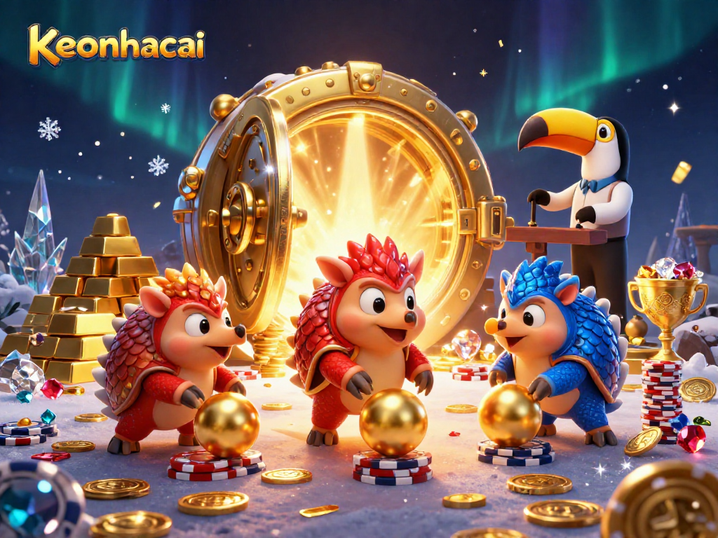 Vivid scene where pangolins compete in keonhacai action, surrounded by casino treasures.