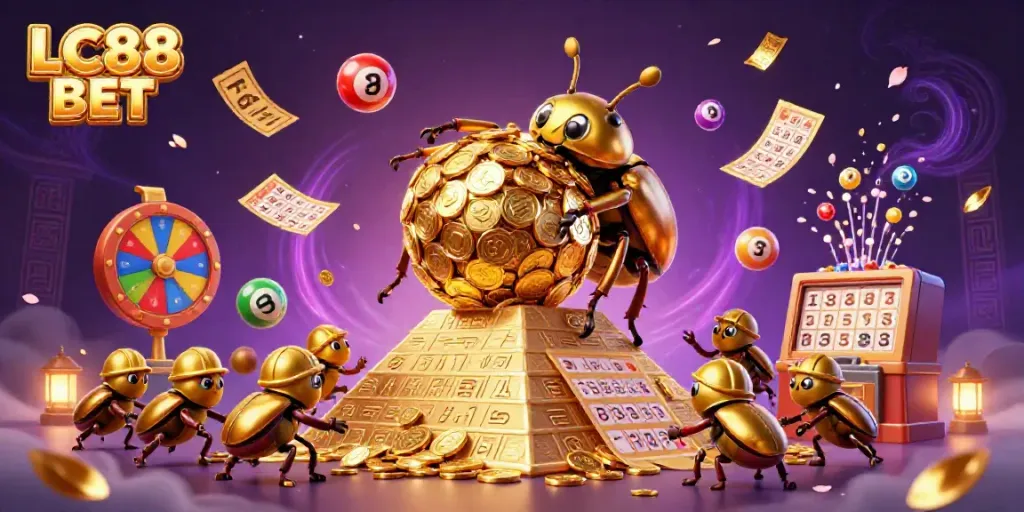 Experience exciting gambling adventures with LC88 BET through vibrant illustrations of dynamic casino elements.
