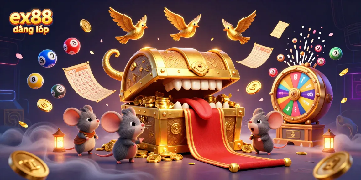 Experience the excitement of ex88 đăng nhập with colorful lottery balls and a golden treasure chest in this dynamic casino scene.