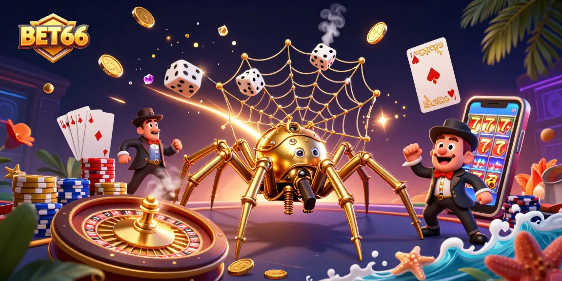 Engage in exhilarating gameplay at BET66 with a surreal scene of a steampunk spider and captivating casino elements.
