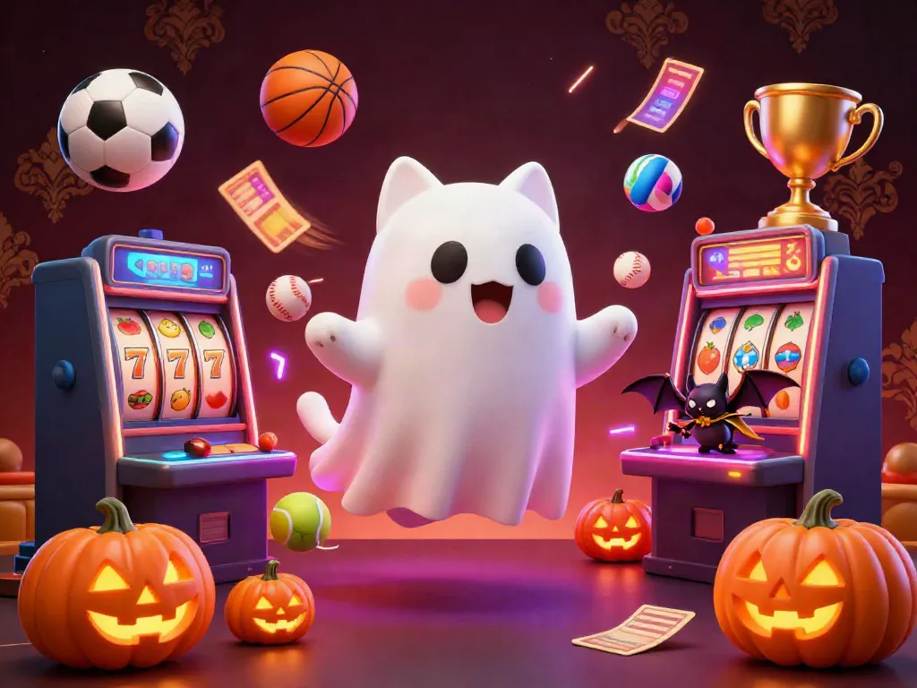 Experience winning thrills at S8 with a floating ghost cat and dynamic casino elements, including slot reels and sports balls.