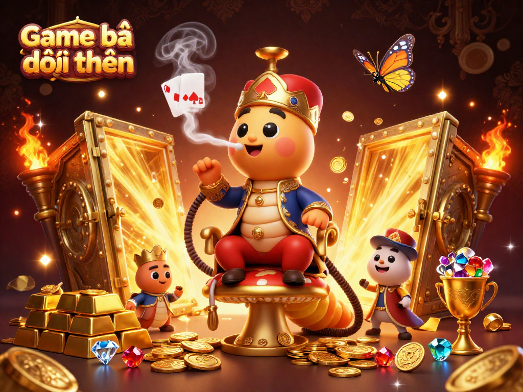 Play Game bài đổi thưởng with vibrant 3D characters amidst treasures and casino elements.