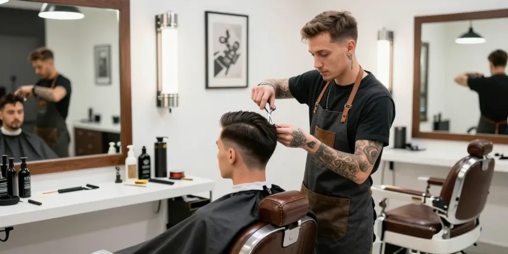 Barber styling hair in a modern barbershop environment with rokok88 grooming products.