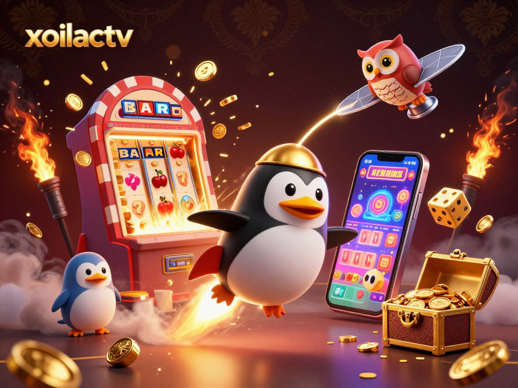 Catch the action in the vibrant xoilactv scene with a golden penguin and explosive slot machine!