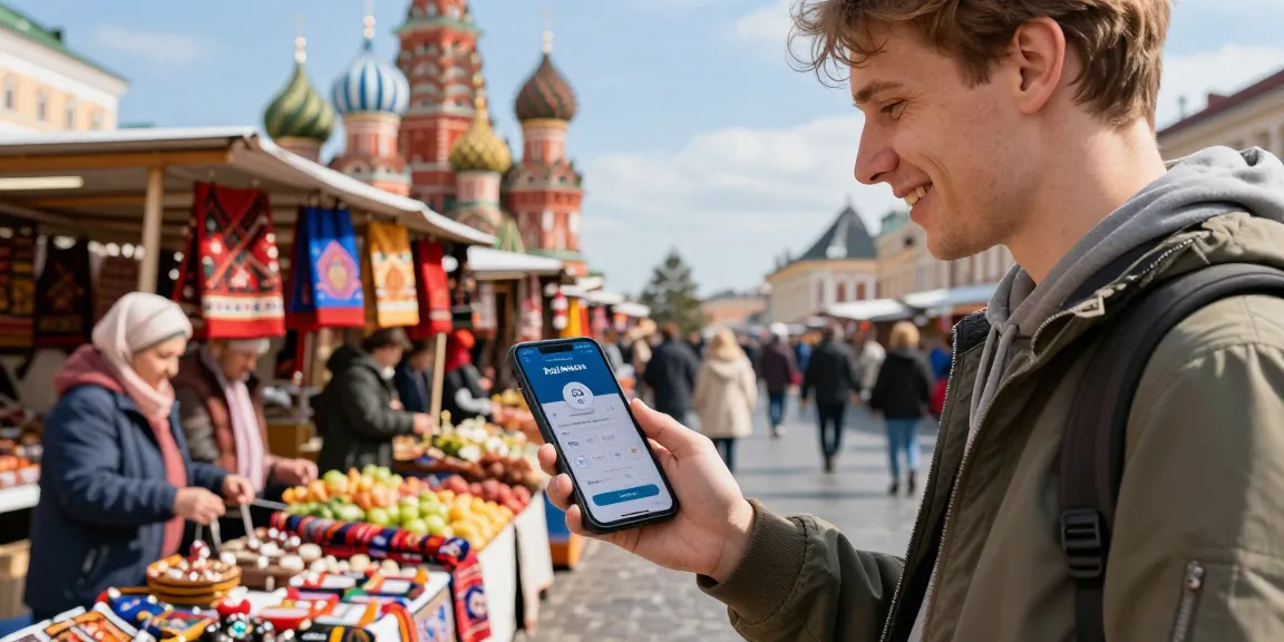 Turista usando https://payinrussia.com/ para realizar un pago móvil en un mercado ruso, rodeado de productos locales.