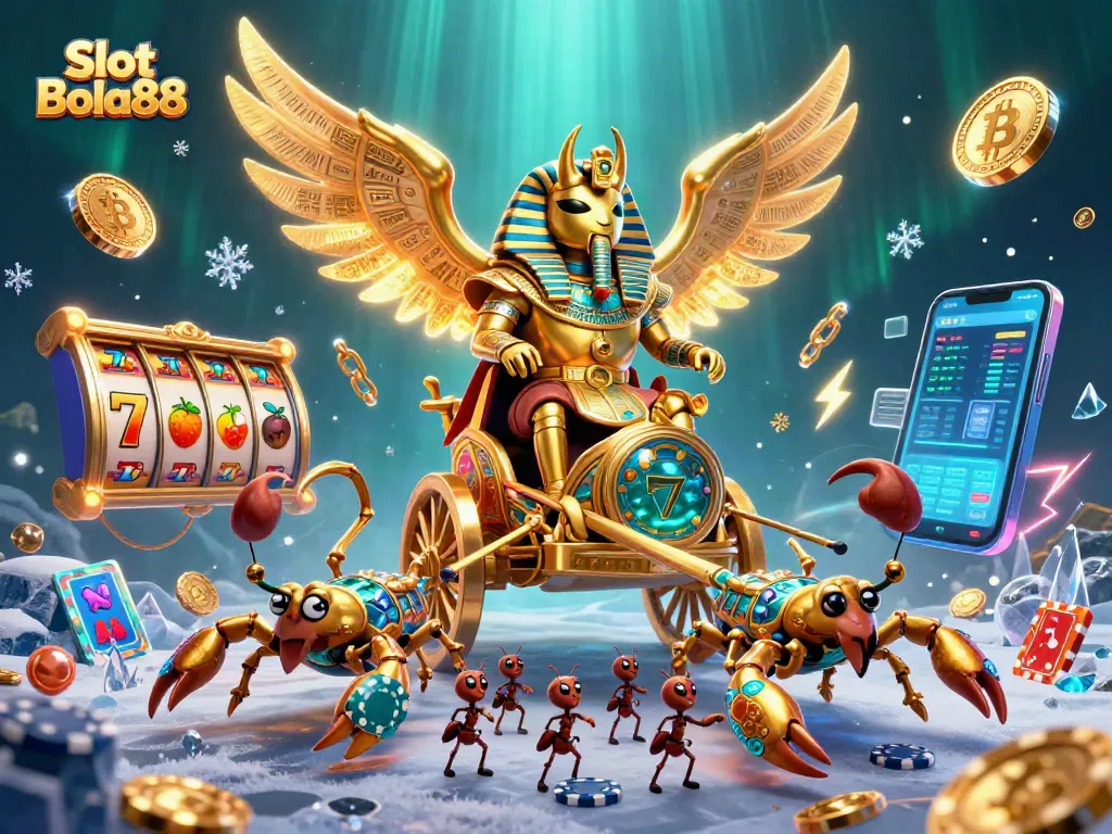 Spin the Slot Bola88 reels with the golden scarab beetle and treasure-filled chariot.