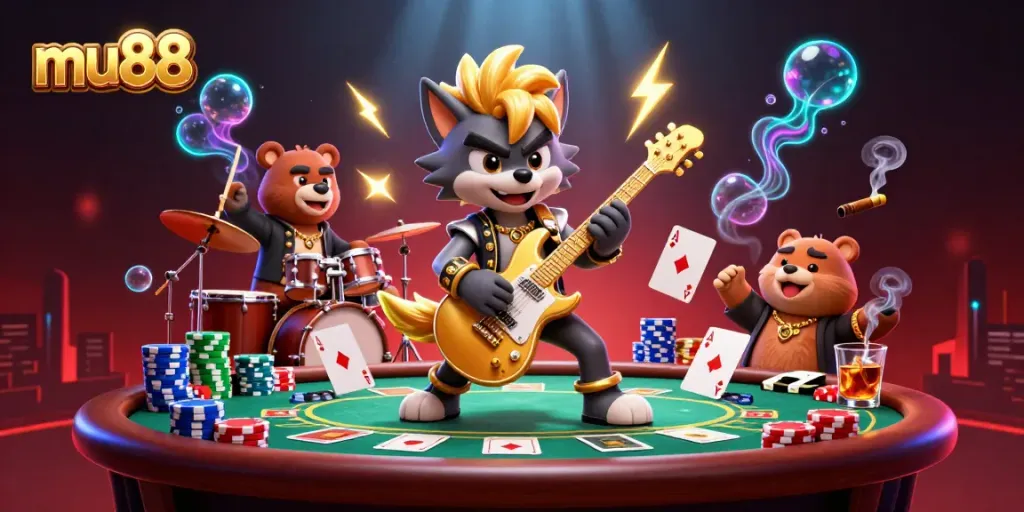Engage in thrilling poker action at mu88 with a dynamic casino illustration featuring lively characters.