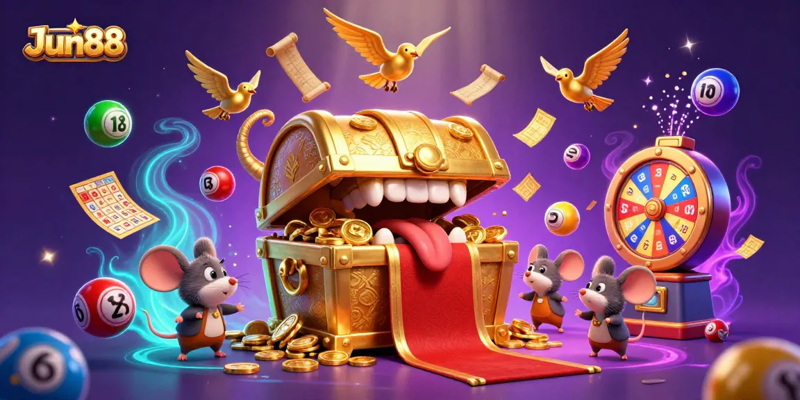 Jun88 casino adventure scene with a treasure chest, lottery balls, and golden elements.