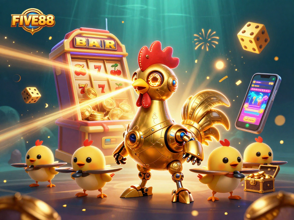 Experience thrill at FIVE88 with a golden rooster robot and baby chick drones amidst a jackpot explosion.