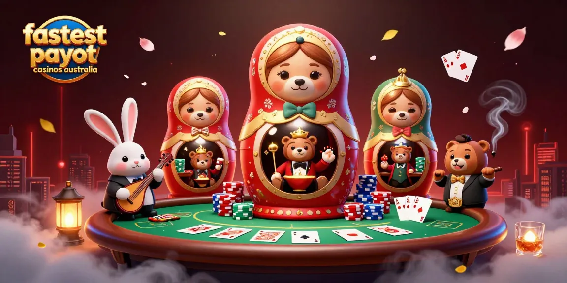 Experience lightning-fast cashouts in the fastest payout casinos Australia with 3D illustration of characters and casino elements.