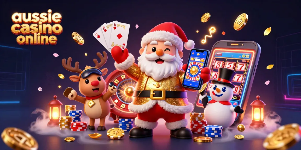 Aussie casino online scene featuring Santa, reindeer, and snowman amid cascading coins and vibrant gaming elements.