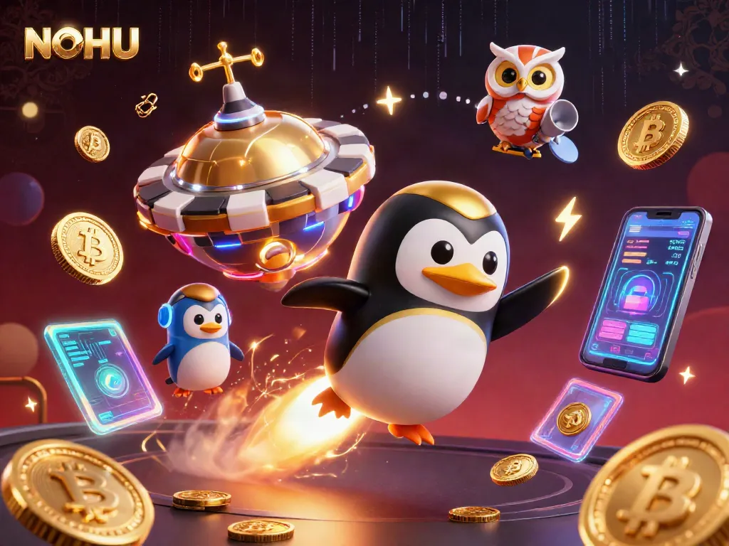 NoHU captivates players with a vibrant 3D scene featuring a golden penguin and bitcoin elements in a casino atmosphere.