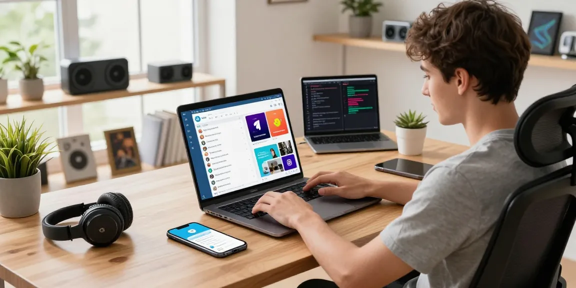Download Telegram with a sleek laptop setup showcasing chat and media features in a bright workspace.
