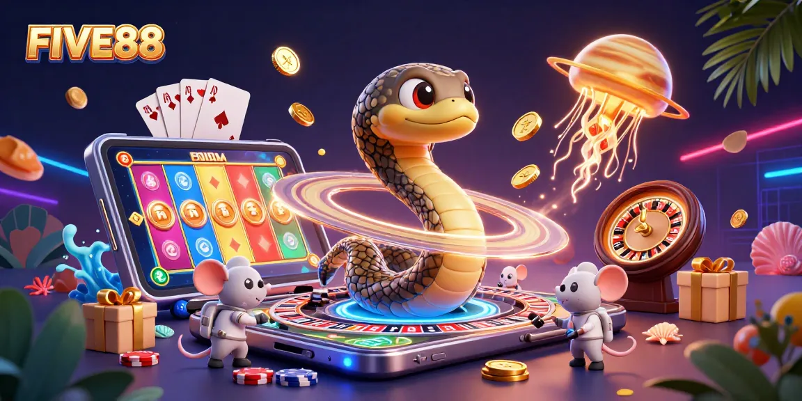 Engage in the exciting world of FIVE88 with a cosmic casino scene showcasing unique characters and games.