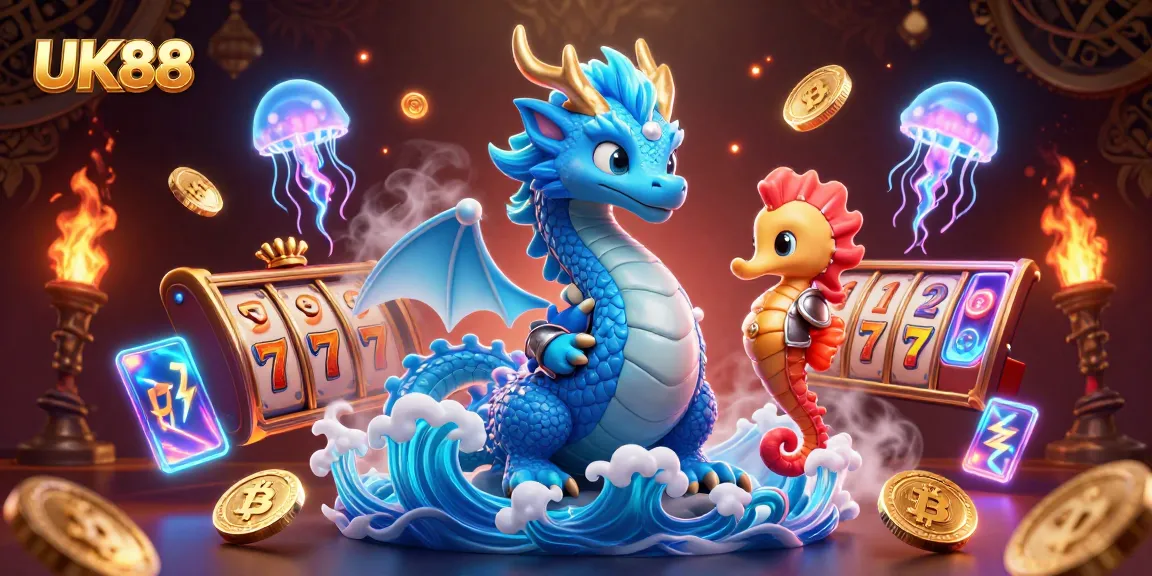 Engage with thrilling slots at UK88 featuring a vibrant 3D dragon and seahorse knight illustration.