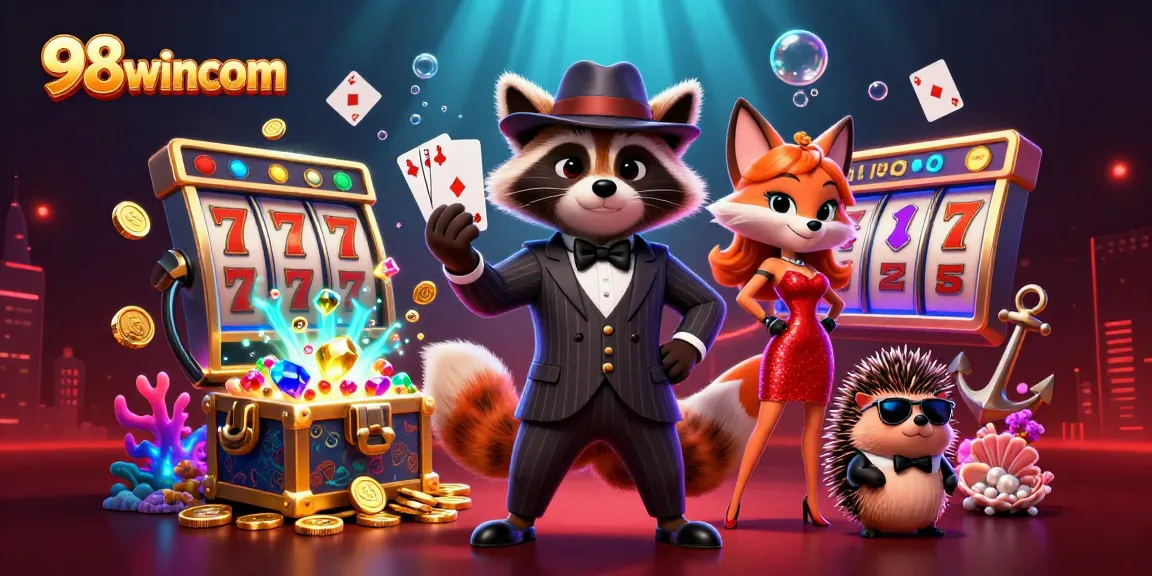 Winning at 98wincom with a raccoon holding a royal flush and vibrant slot elements.