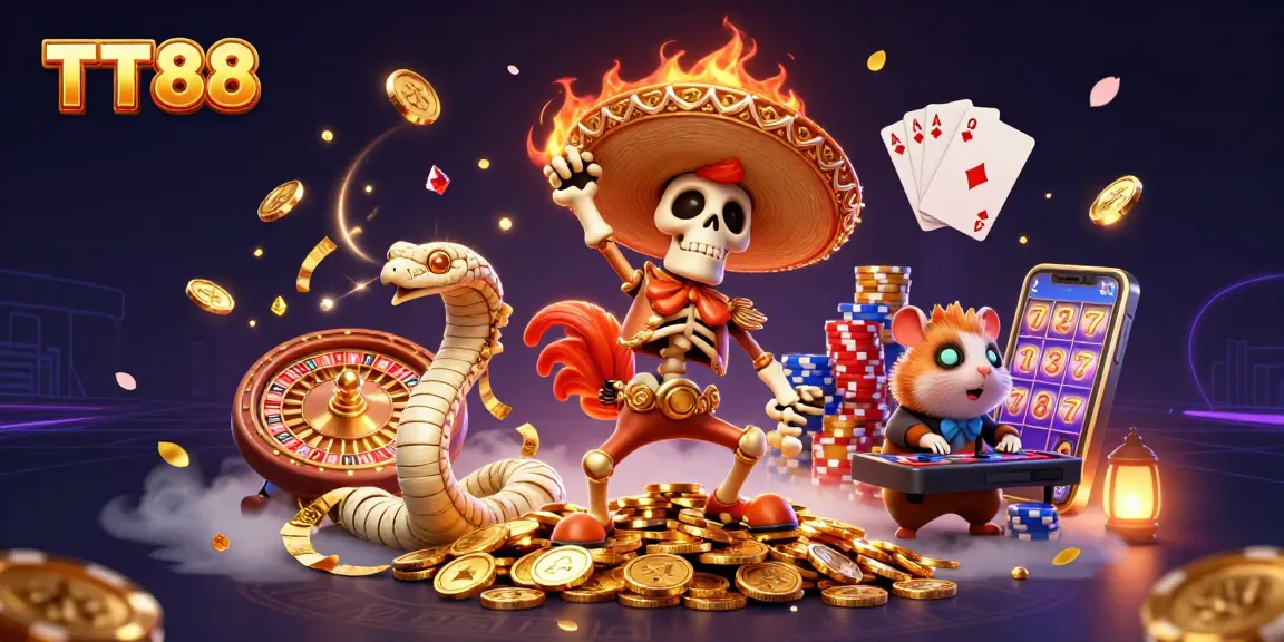 Experience thrilling casino action with TT88’s vibrant 3D characters, golden coins, and exciting gameplay elements.