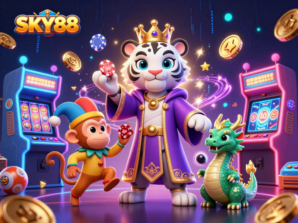 Engage in thrilling gaming adventures at SKY88 with a vibrant 3D illustration of a royal tiger and playful characters.