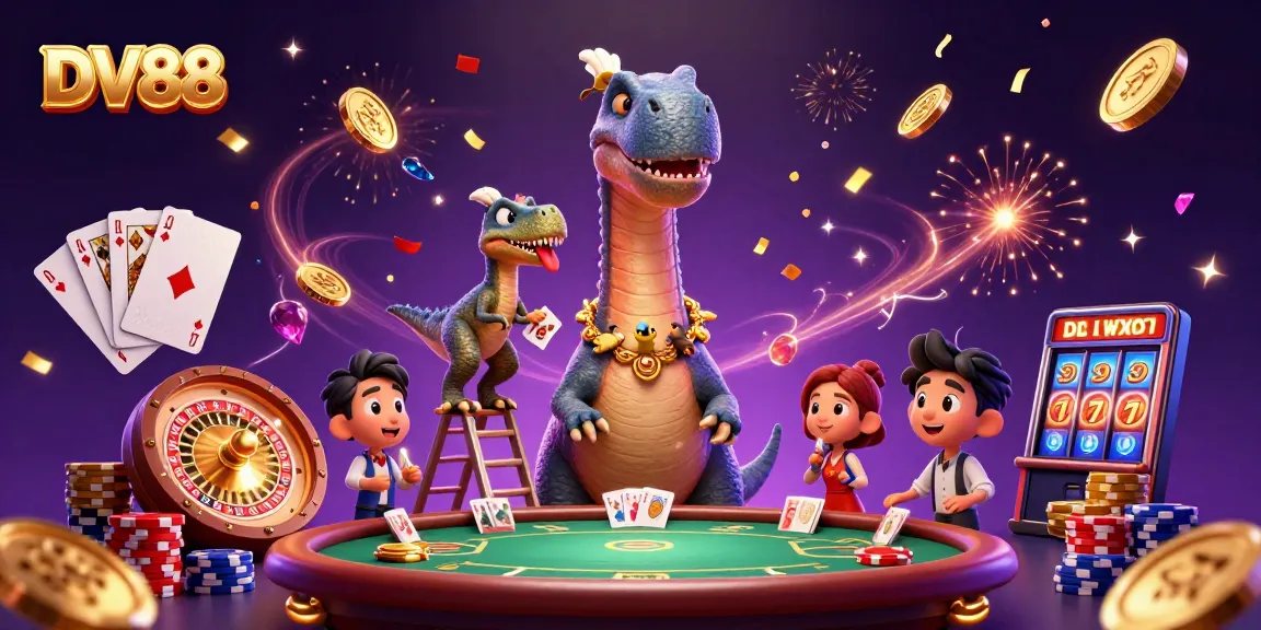 Engage in thrilling action at DV88, featuring a vibrant 3D brontosaurus in a lively casino scene.