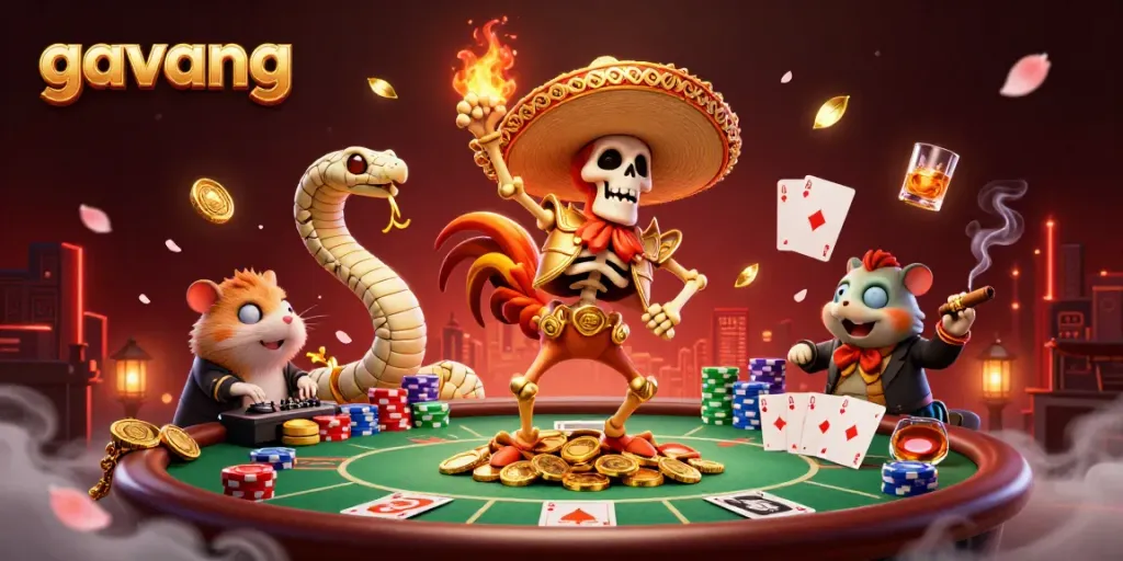 Experience thrilling wins with gavang at this vibrant cartoon casino scene featuring dynamic characters and rich details.