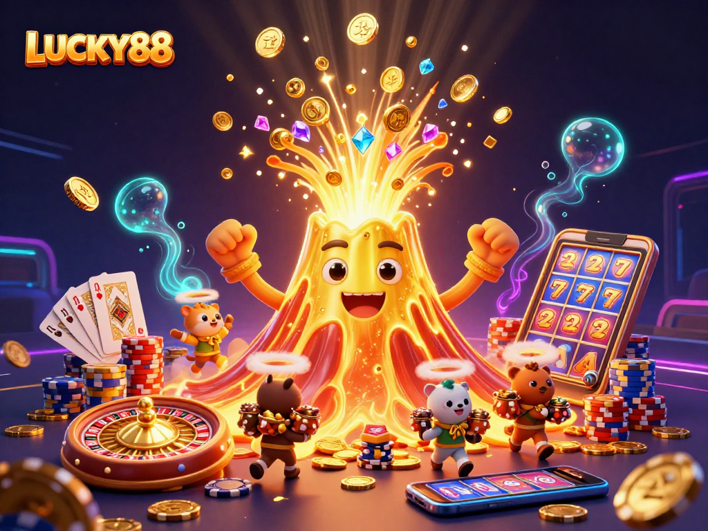 LUCKY88 players winning big amidst cascading coins and vibrant casino elements in a thrilling 3D world.