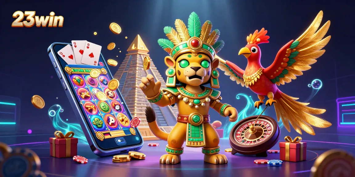 Engage with the vibrant 23win slot gaming scene featuring a Mayan priest and magical elements.