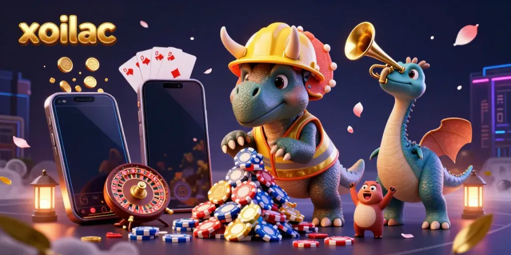Engage in thrilling action at xoilac with a vibrant 3D scene showcasing a triceratops creating poker chip pyramids and slot games.