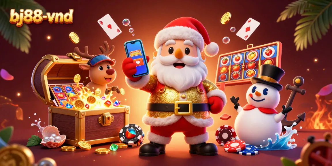 Witness bj88-vnd's captivating slots scene featuring Santa and friends celebrating casino wins.