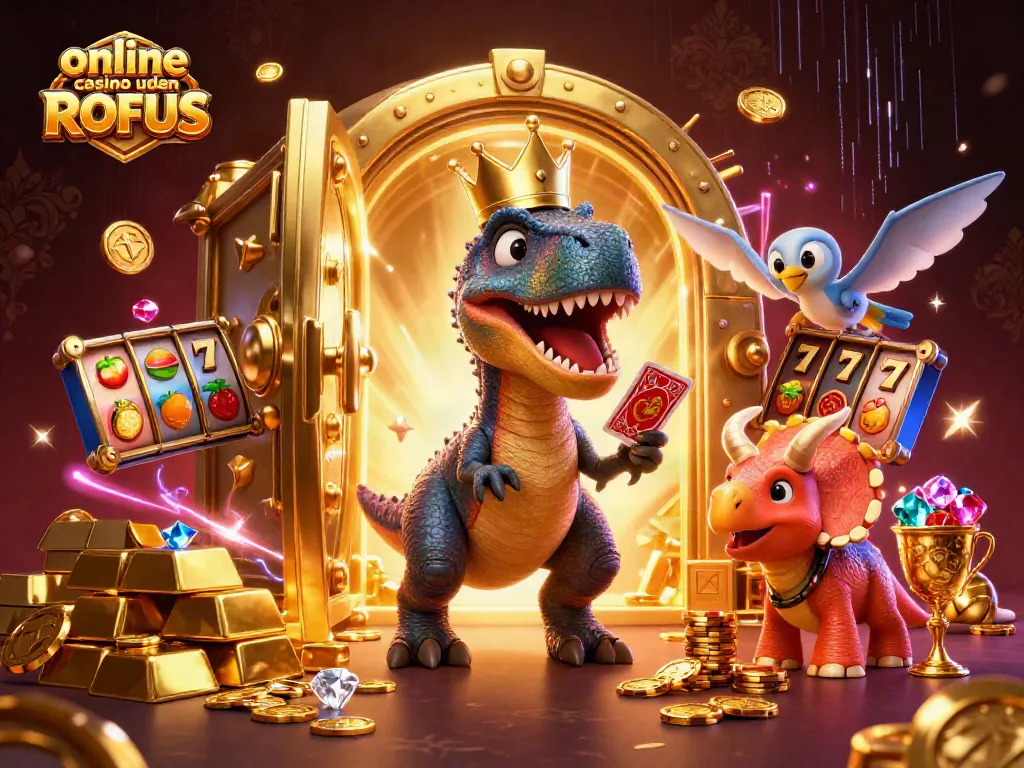 Experience the fun at an online casino uden ROFUS with a vibrant scene featuring dynamic characters and gaming elements.