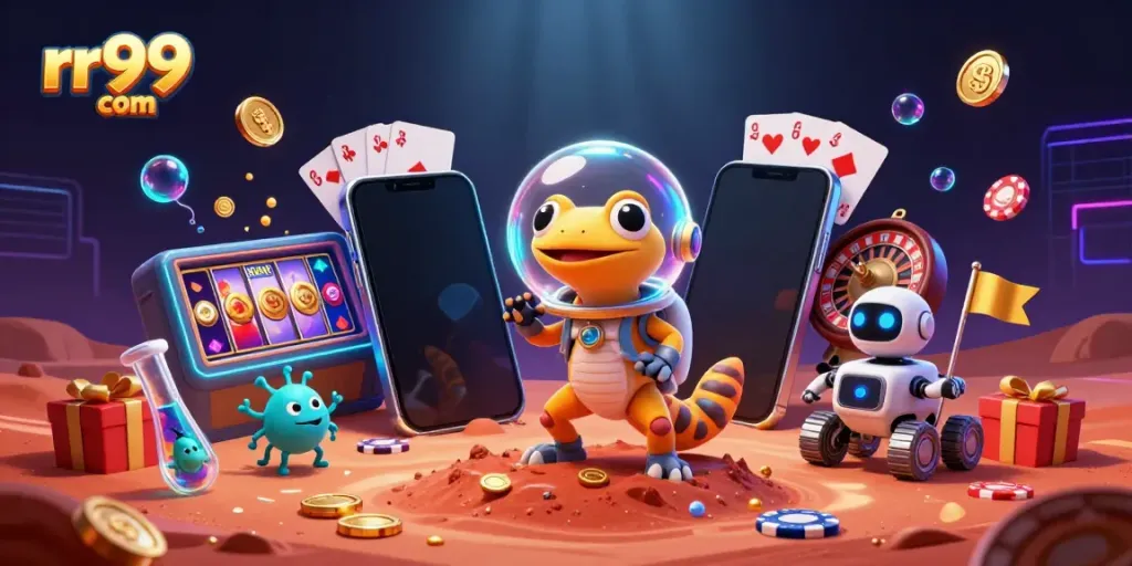Experience the excitement of rr99 com with a Martian gecko uncovering a golden casino in vibrant detail.