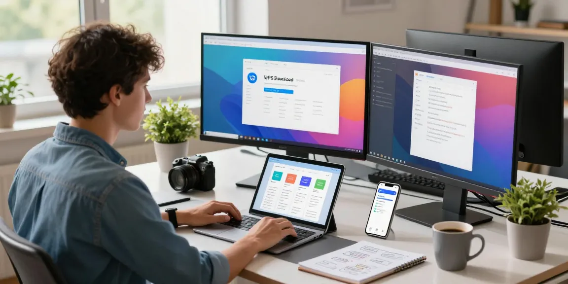 Professional workspace showcasing WPS Download features on multiple screens using modern office tools.