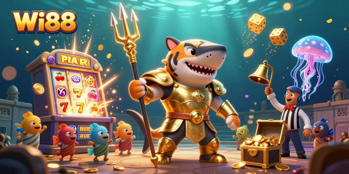 Experience vibrant gaming at Wi88 with a golden shark gladiator and jackpot slots in an underwater scene.