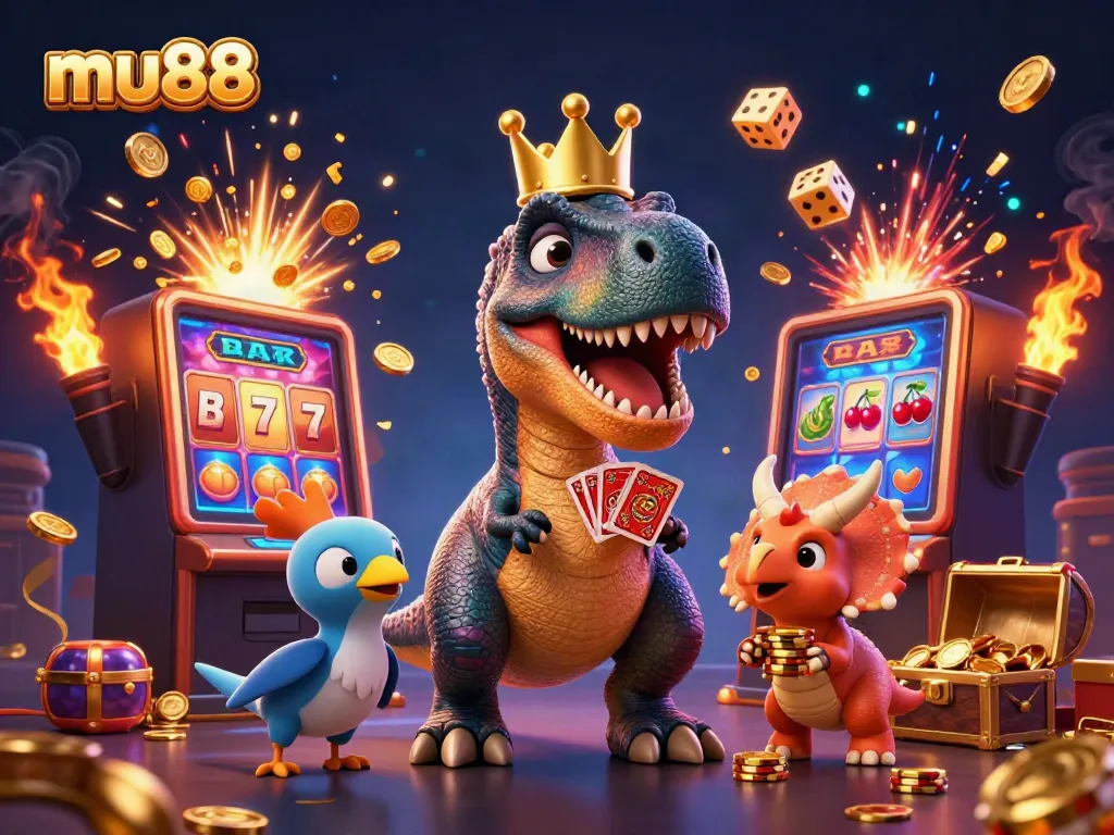 Win big at mu88 with a playful scene featuring a T-Rex shuffling cards, showcasing excitement in gambling.