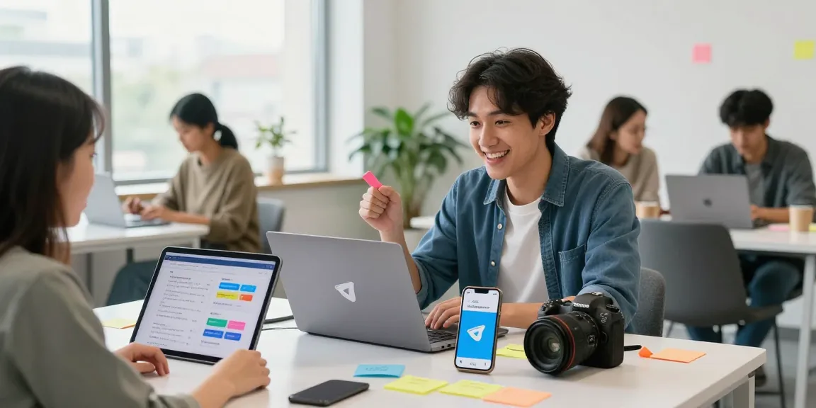 Team member showcasing Telegram Download app in modern co-working space.