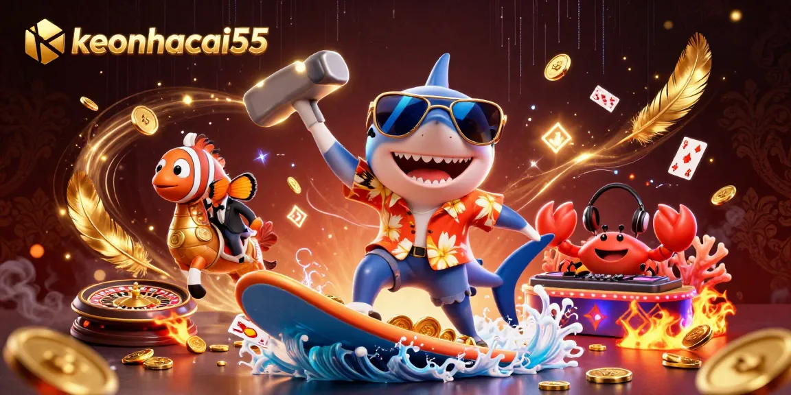 Engage with keonhacai55 as a cartoon shark surfs on coins amidst dynamic casino elements.