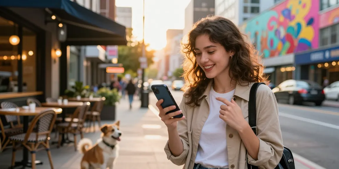 Engaging moment with a young woman enjoying her girlfriend AI conversation in a vibrant urban café.
