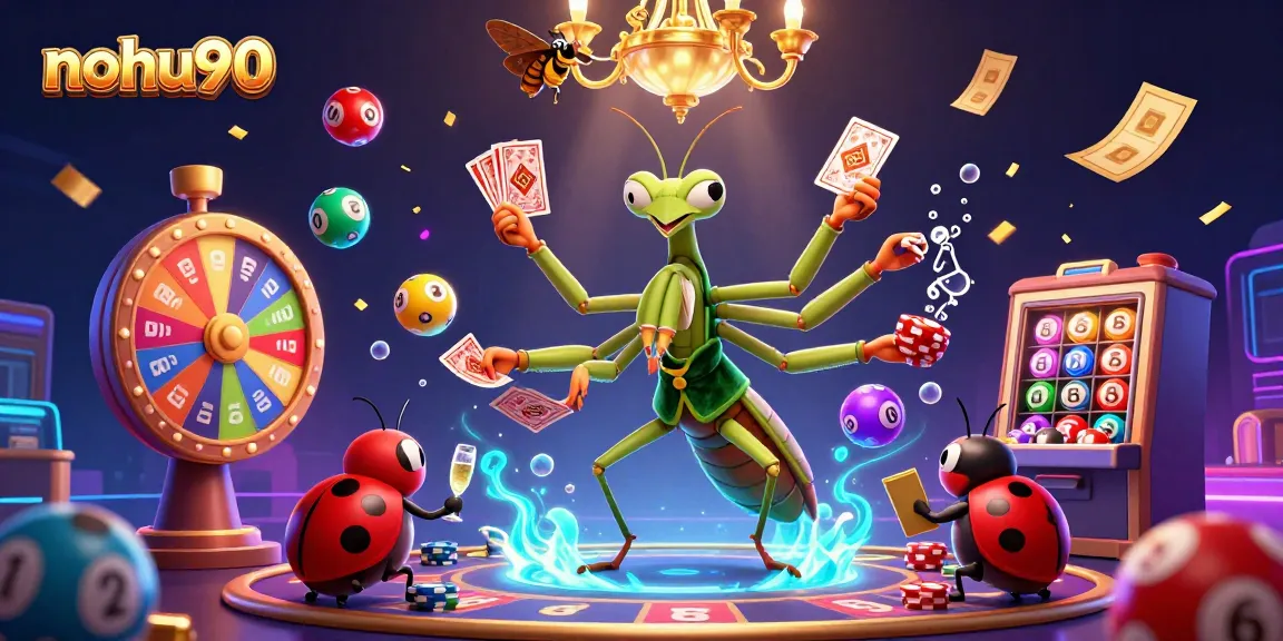 Nohu90 players engaging with an energetic casino scene full of vibrant lottery elements and playful characters.