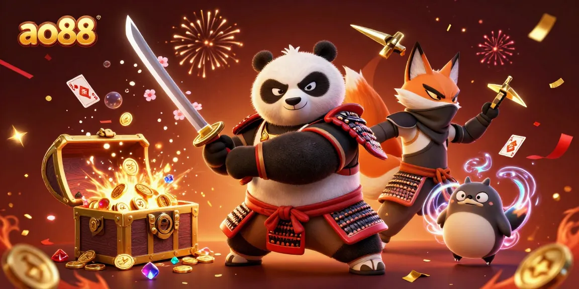 Experience thrilling wins at ao88 with samurai panda, ninja fox, and magical tanuki in a vibrant casino scene.