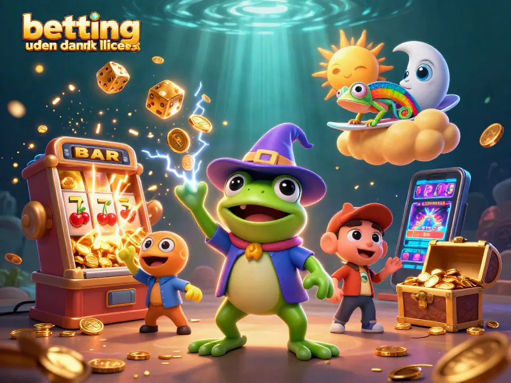 Experience thrilling betting uden dansk licens with a magical illustration of a wizard and chameleon amidst casino elements.