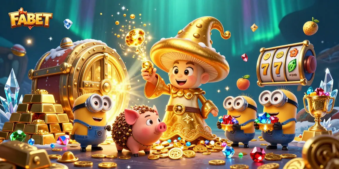 FABET brings magical wins with golden treasures and vibrant slot reels in this uniquely orchestrated scene.