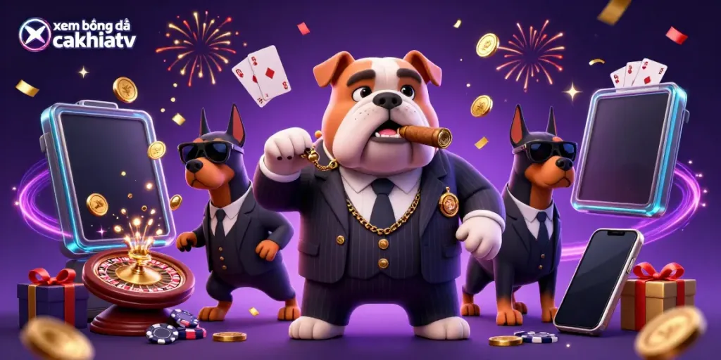 A vibrant scene with a mafia bulldog and Doberman bodyguards, showcasing xem bóng đá cakhiatv and gaming elements.